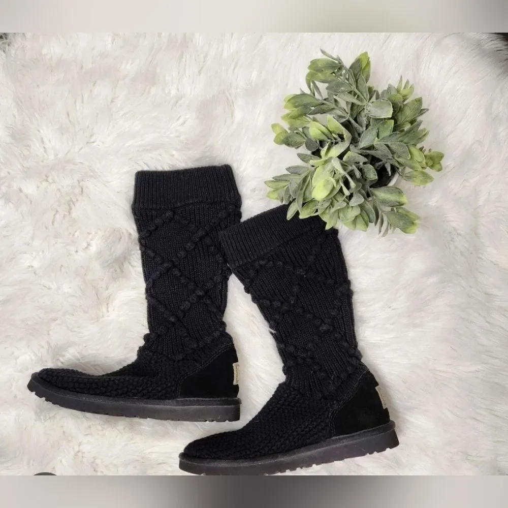 Ugg Classic Tall Black Women's Black Cable Knit Sweater Boots 10